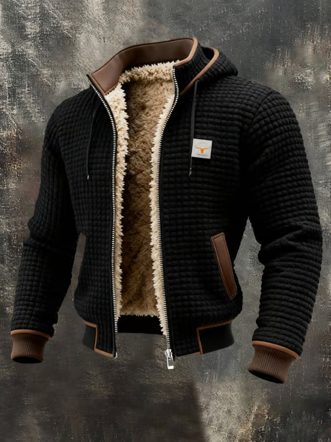 Giacca bomber con cappuccio Bruno, colore nero, texture waffle, zip aperta con interno foderato