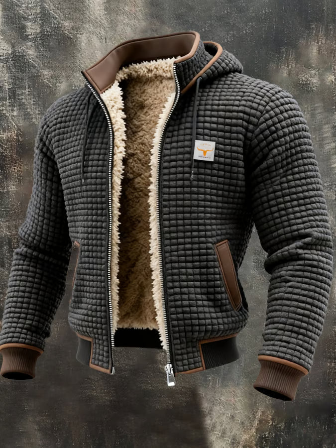 Giacca bomber con cappuccio Bruno, colore grigio, texture waffle, zip aperta con interno foderato
