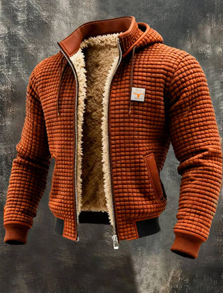 Giacca bomber con cappuccio Bruno, colore ruggine, texture waffle, zip aperta con interno foderato