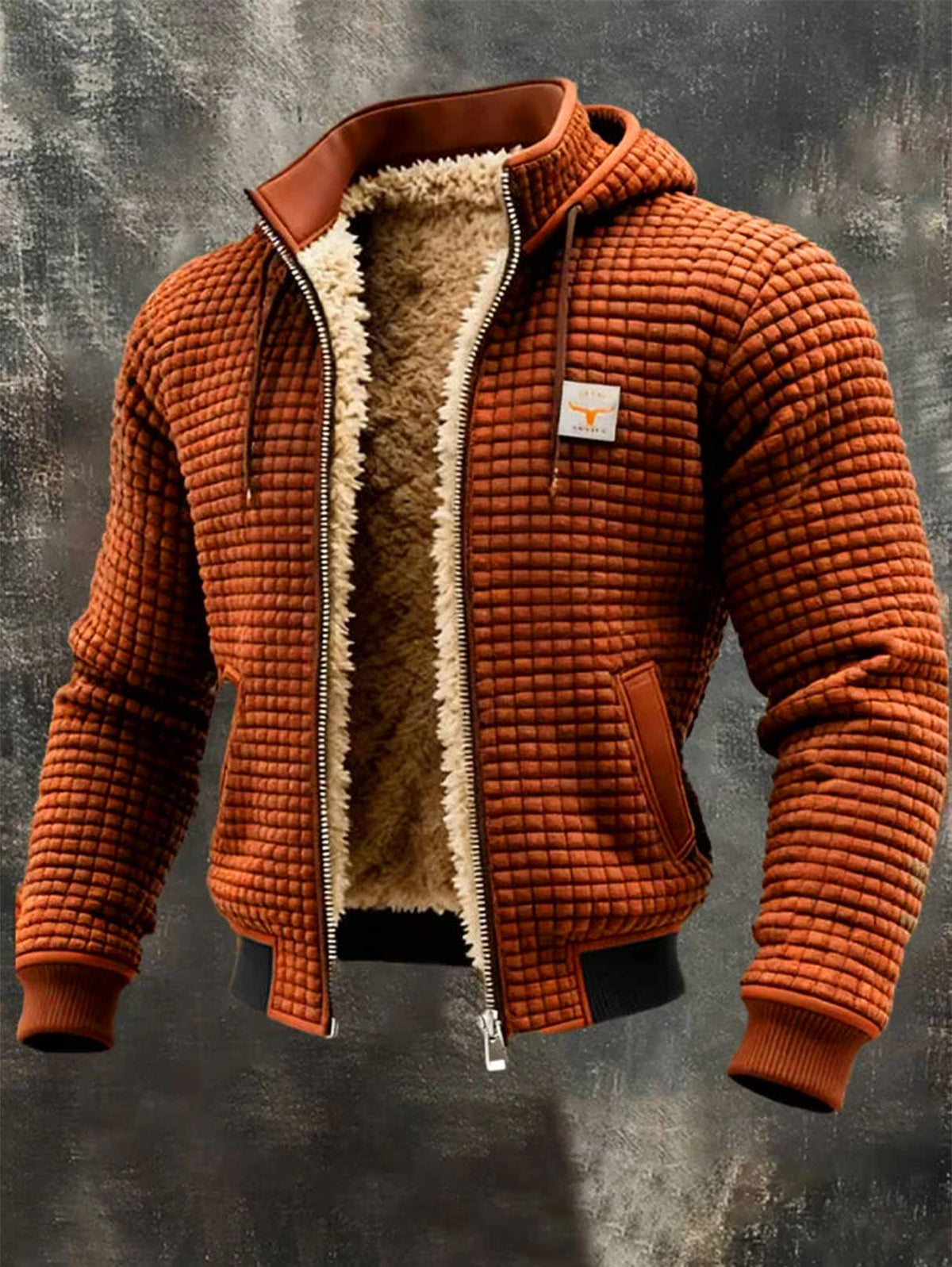 Giacca bomber con cappuccio Bruno, colore ruggine, texture waffle, zip aperta con interno foderato