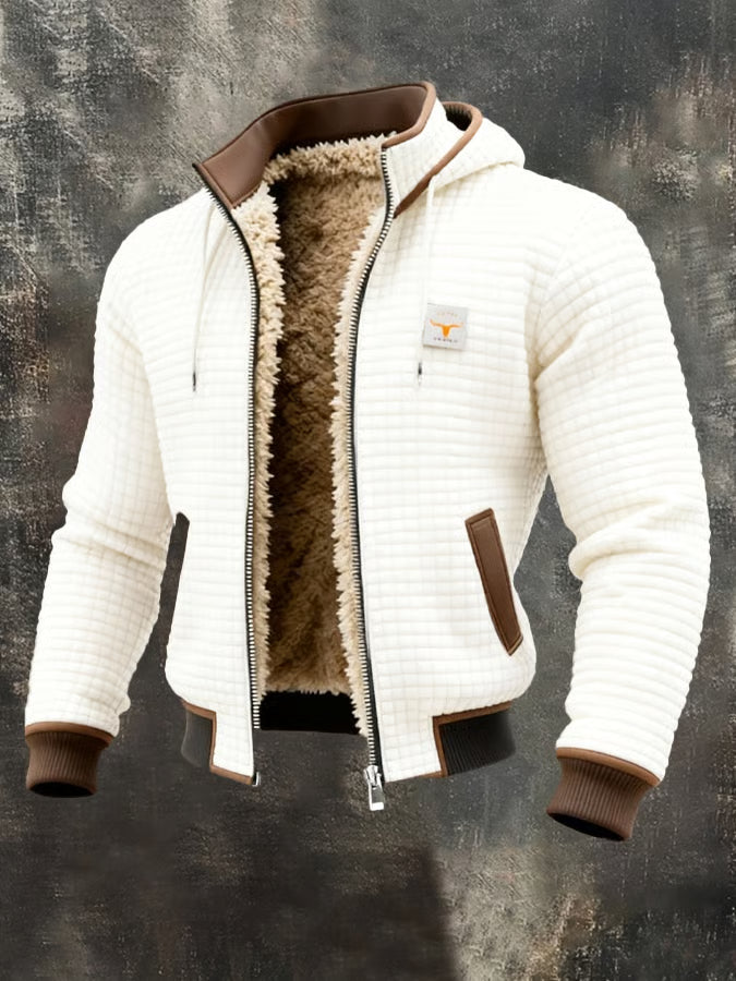 Giacca bomber con cappuccio Bruno, colore panna, texture waffle, zip aperta con interno foderato