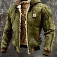 Giacca bomber con cappuccio Bruno, colore oliva, texture waffle, zip aperta con interno foderato