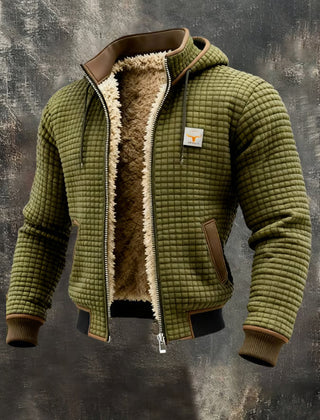 Giacca bomber con cappuccio Bruno, colore oliva, texture waffle, zip aperta con interno foderato