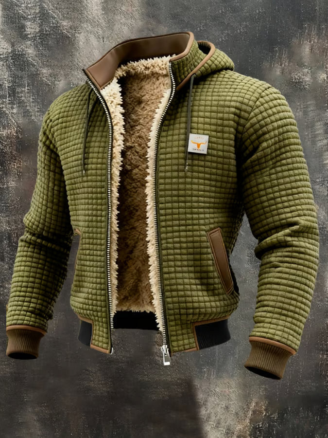 Giacca bomber con cappuccio Bruno, colore oliva, texture waffle, zip aperta con interno foderato