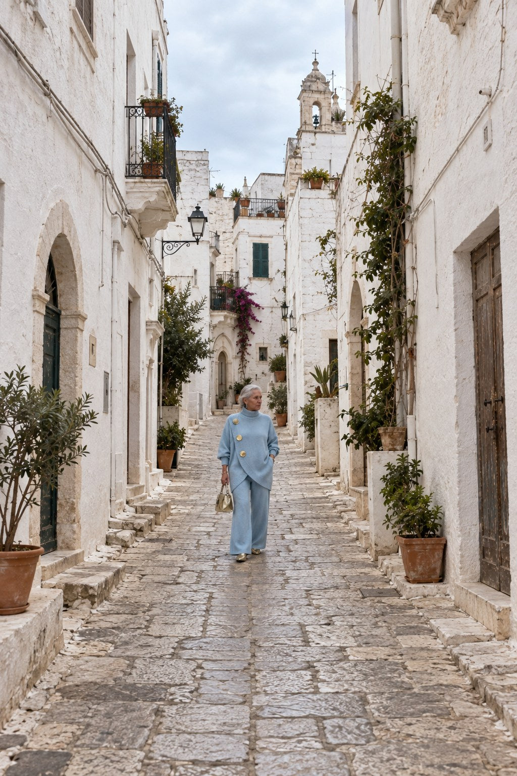 Carolina completo in maglia azzurro, donna che passeggia in un vicolo bianco di un borgo pugliese, maglia con tre bottoni dorati e pantaloni ampi