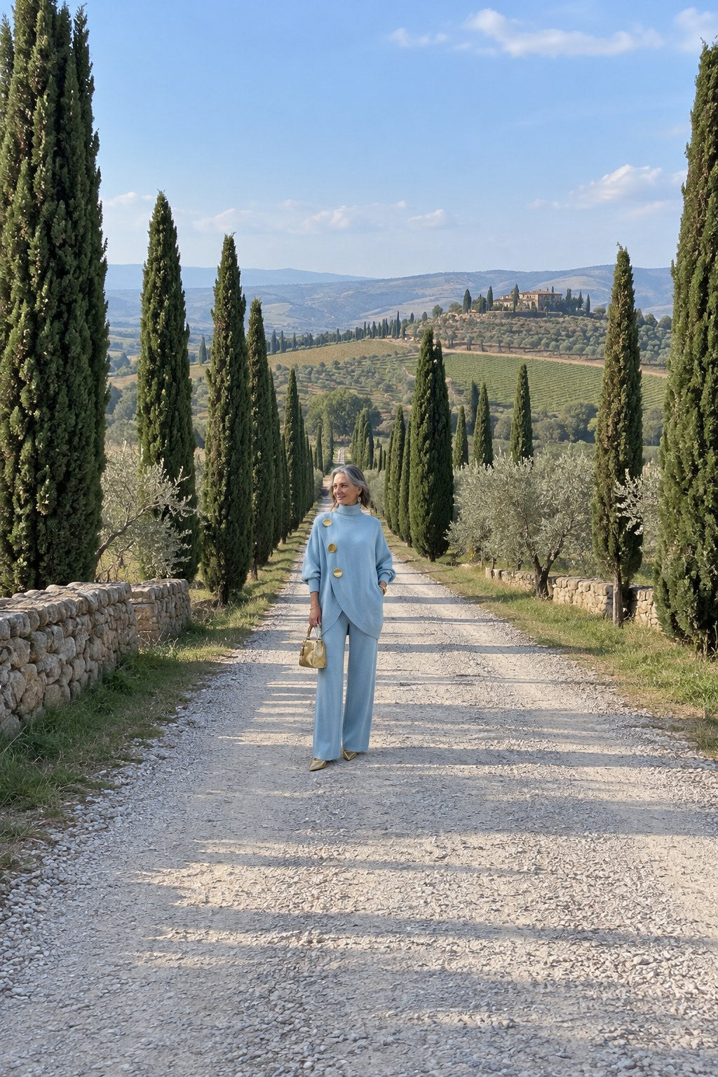Carolina completo in maglia azzurro, donna su una strada di cipressi in Toscana, vista intera
