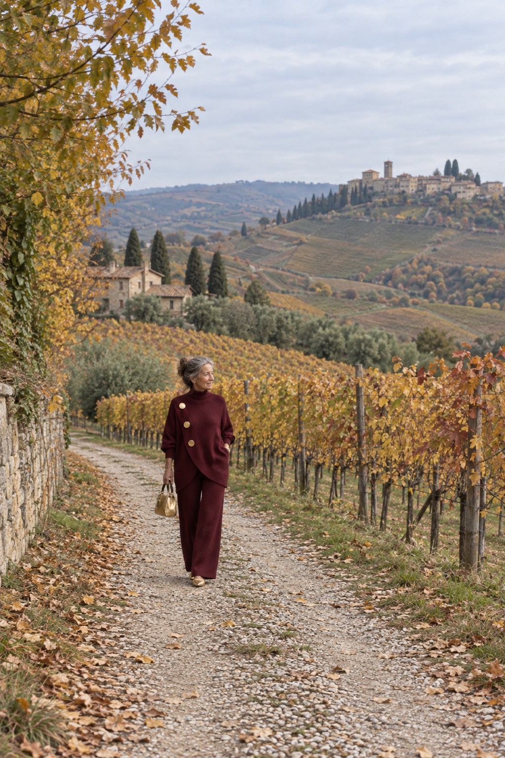 Carolina completo in maglia bordeaux, donna italiana tra i vigneti in autunno, maglia con tre bottoni dorati e pantaloni ampi
