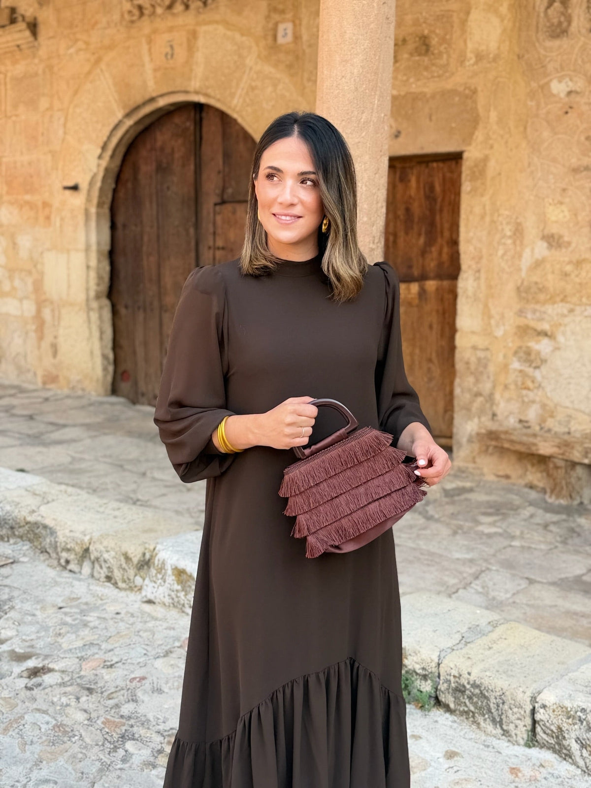 Chiara | Abito Midi Cioccolato con Balze