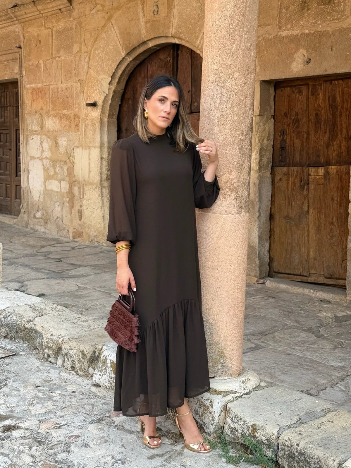 Chiara | Abito Midi Cioccolato con Balze