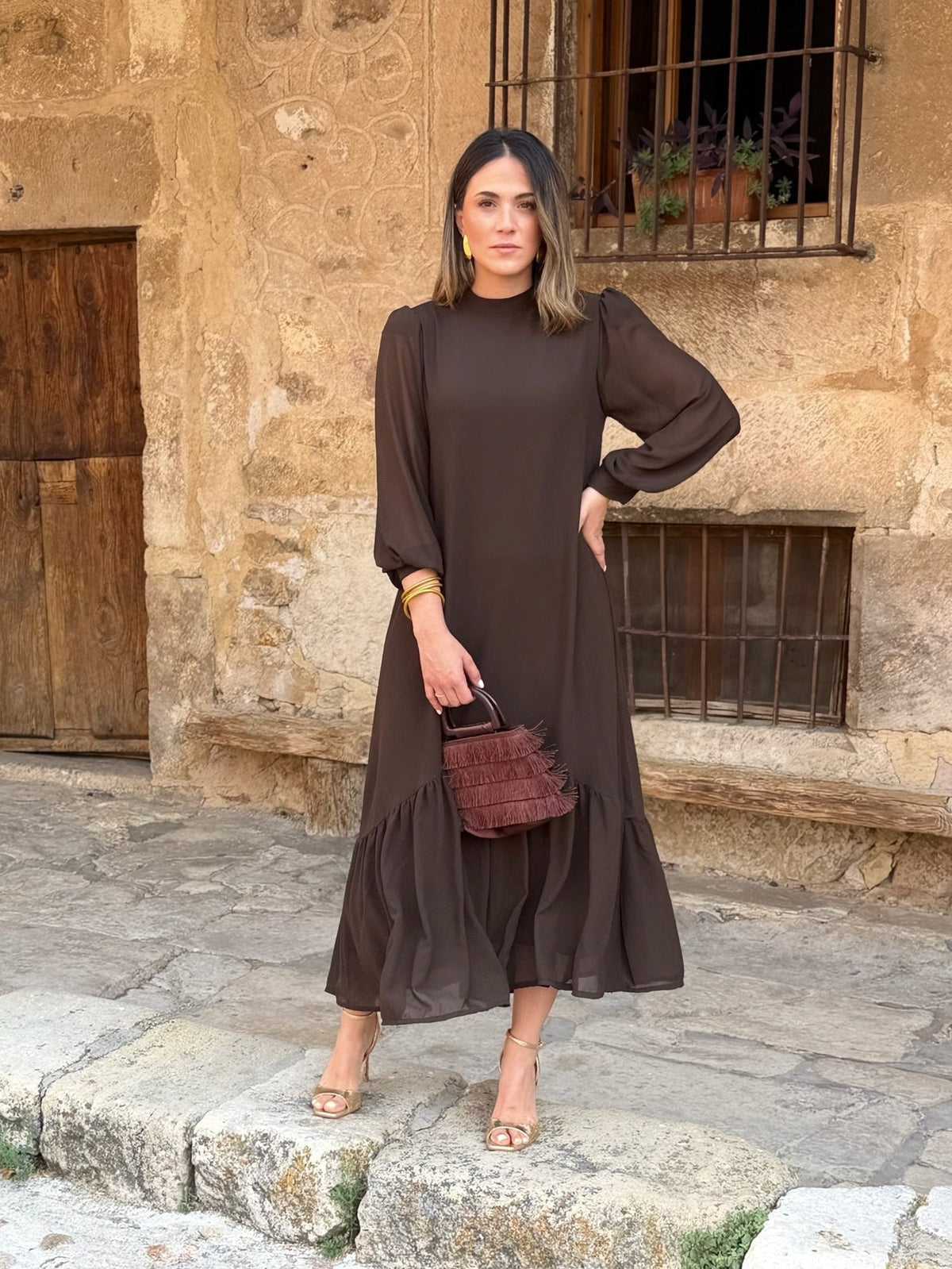 Chiara | Abito Midi Cioccolato con Balze
