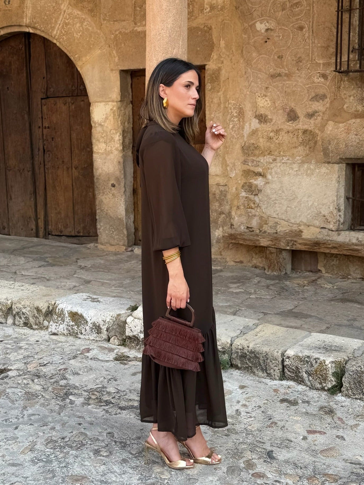 Chiara | Abito Midi Cioccolato con Balze