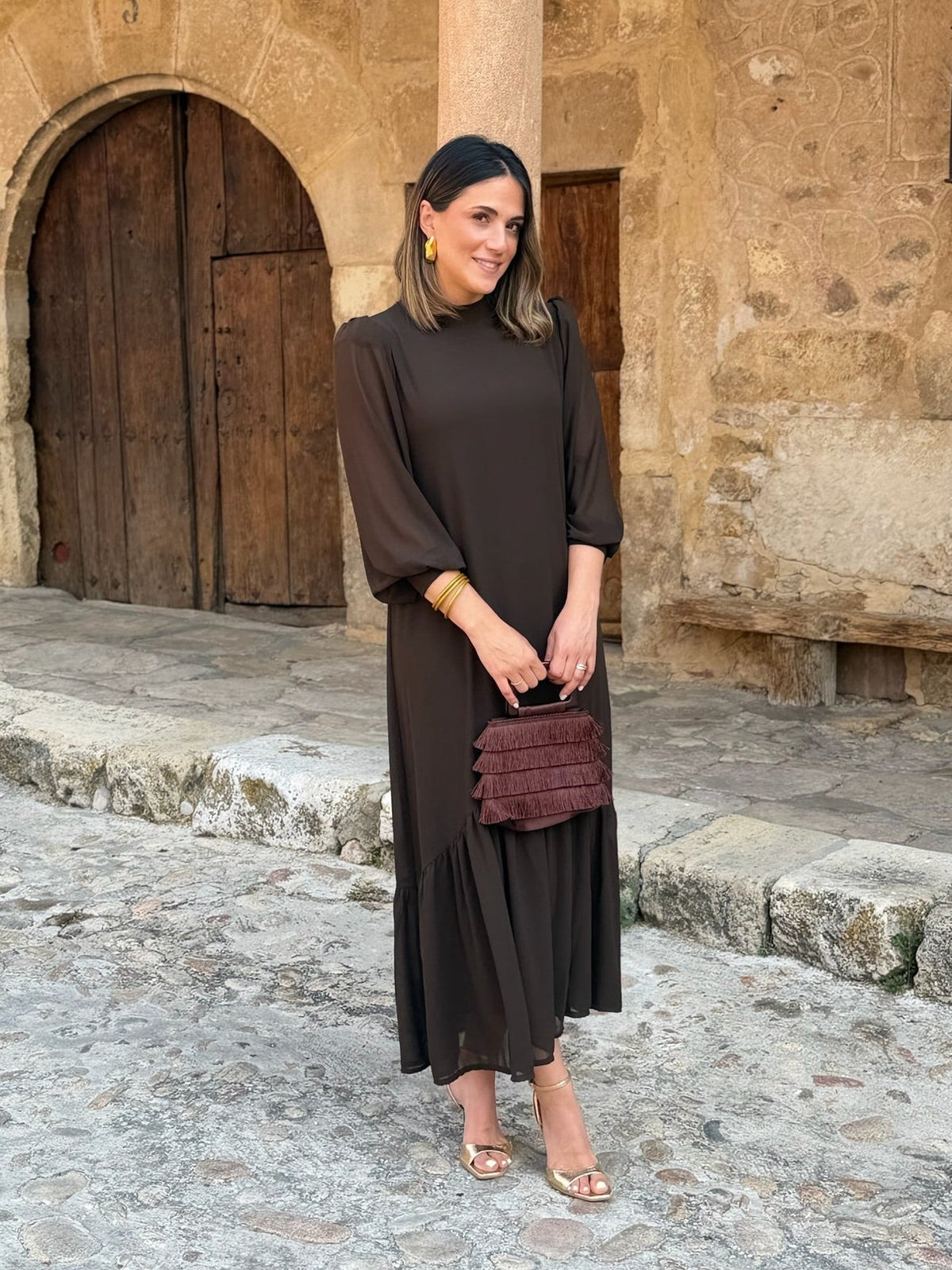 Chiara | Abito Midi Cioccolato con Balze
