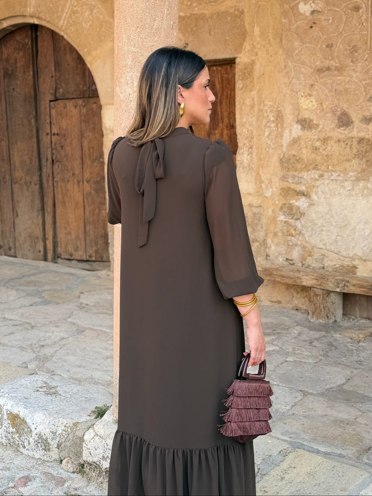 Chiara | Abito Midi Cioccolato con Balze