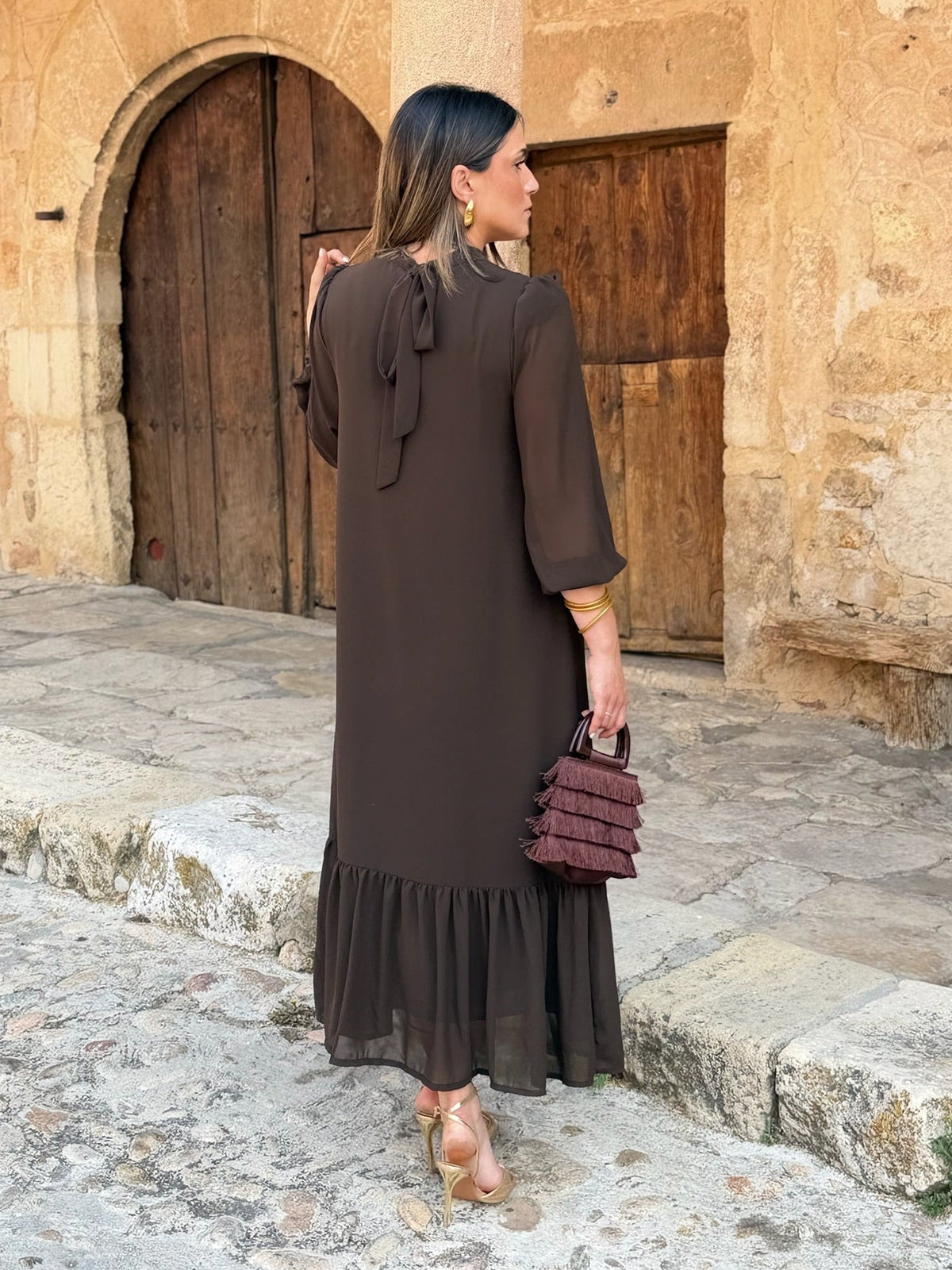 Chiara | Abito Midi Cioccolato con Balze