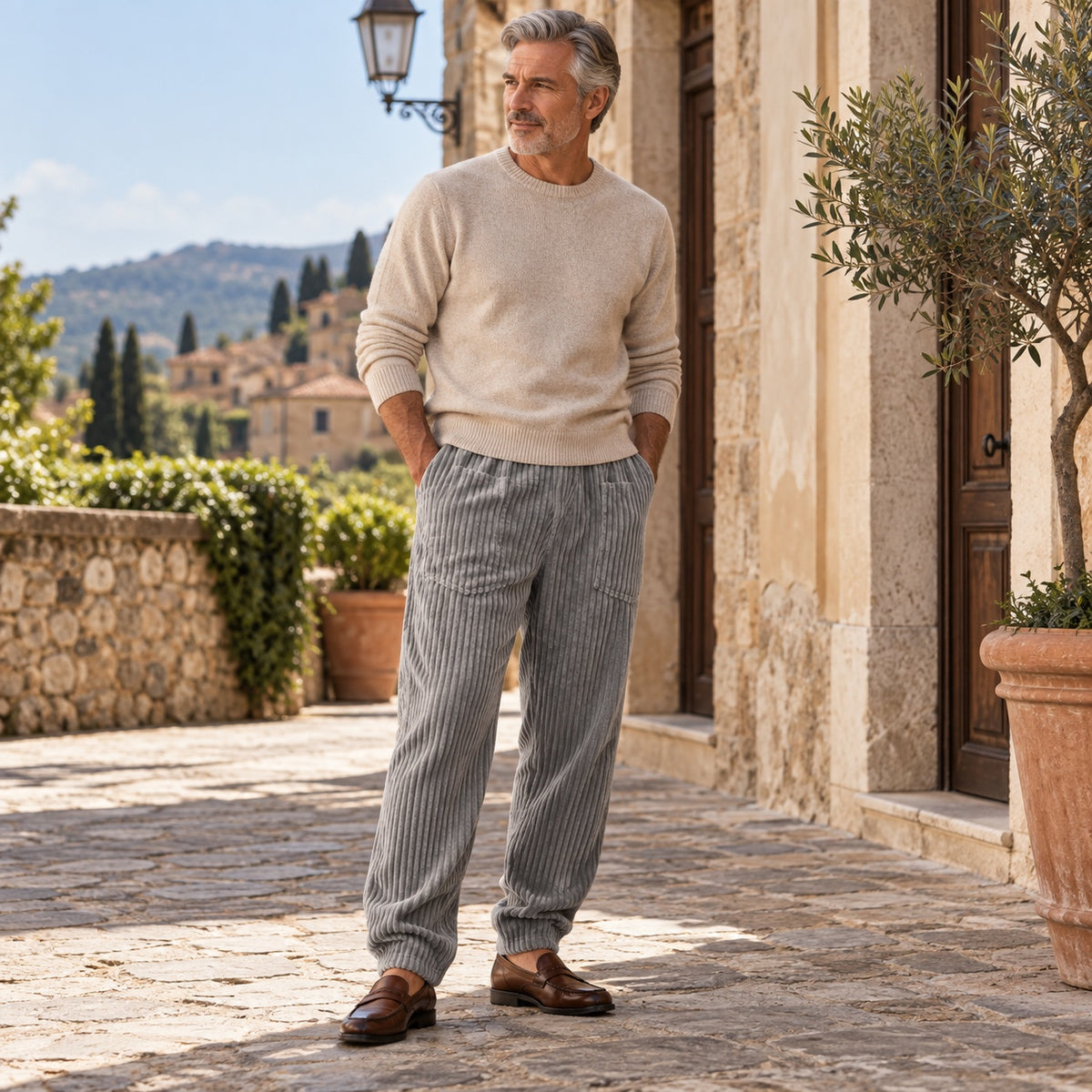 Corrado pantaloni in velluto a coste grigio – uomo maturo con maglione beige in un borgo italiano