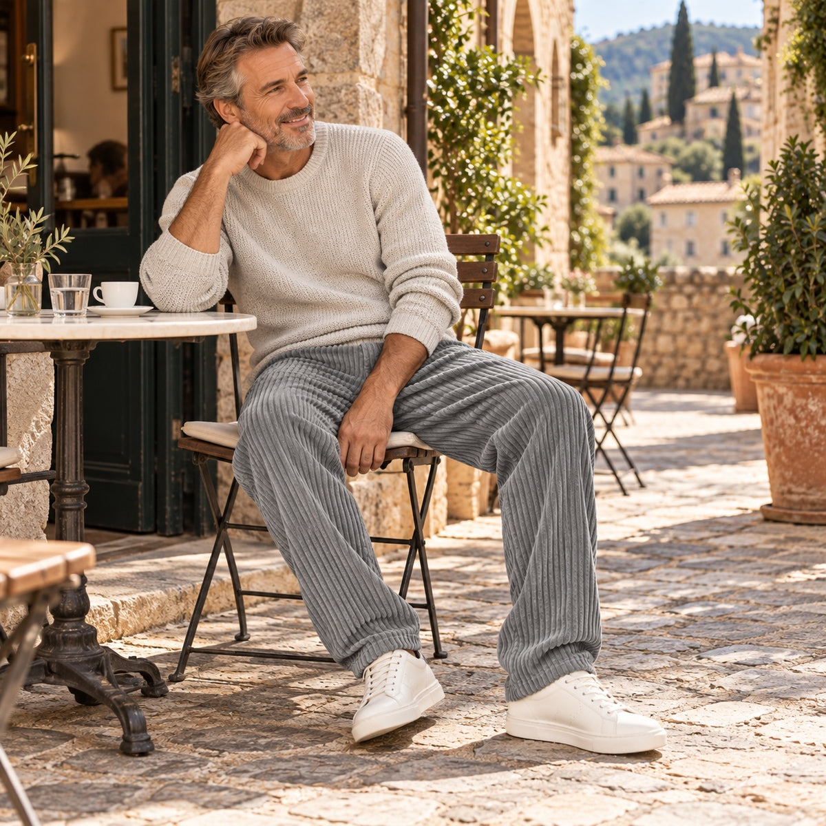 Corrado pantaloni in velluto a coste grigio – uomo seduto al caffè con maglione color crema