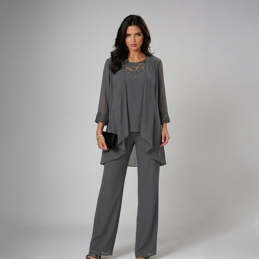Iva | Completo Elegante in Tre Pezzi con Decorazioni, colore Grigio, vista frontale