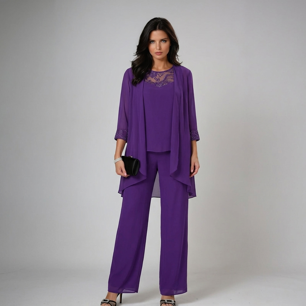Iva | Completo Elegante in Tre Pezzi con Decorazioni, colore Viola, vista frontale