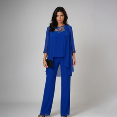 Iva | Completo Elegante in Tre Pezzi con Decorazioni, colore Blu, vista frontale