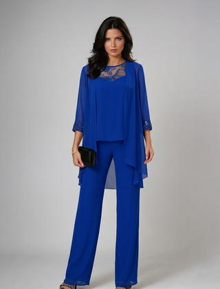 Iva | Completo Elegante in Tre Pezzi con Decorazioni, colore Blu, vista frontale