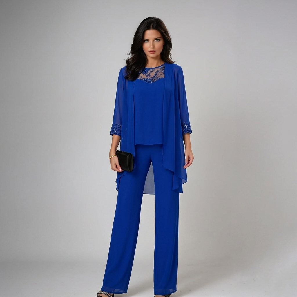 Iva | Completo Elegante in Tre Pezzi con Decorazioni, colore Blu, vista frontale