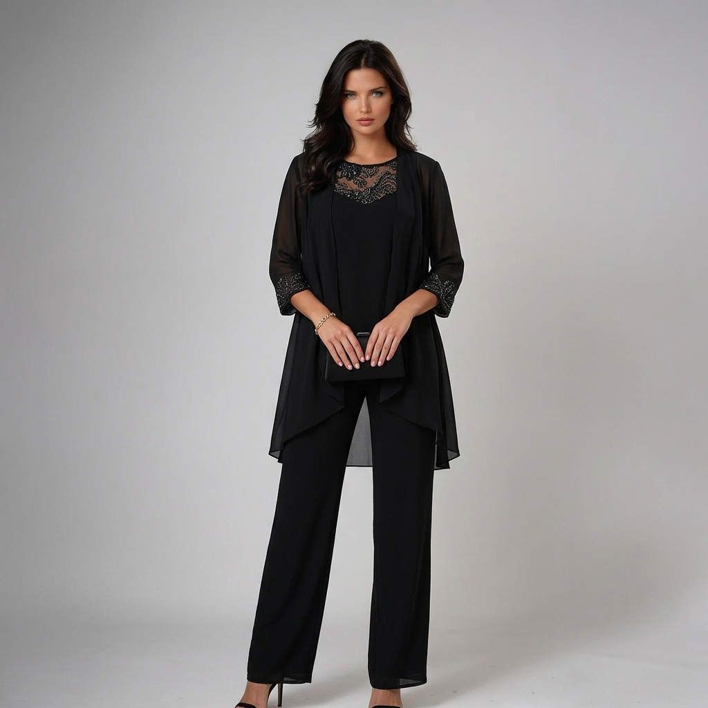 Iva | Completo Elegante in Tre Pezzi con Decorazioni, colore Nero, vista frontale