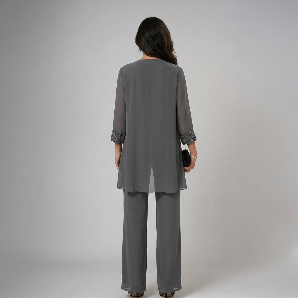 Iva | Completo Elegante in Tre Pezzi con Decorazioni, colore Grigio, vista posteriore