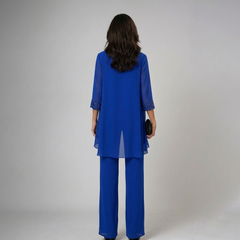 Iva | Completo Elegante in Tre Pezzi con Decorazioni, colore Blu, vista posteriore