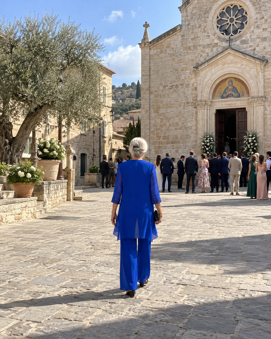 Iva | Completo Elegante in Tre Pezzi con Decorazioni, colore Blu, vista posteriore