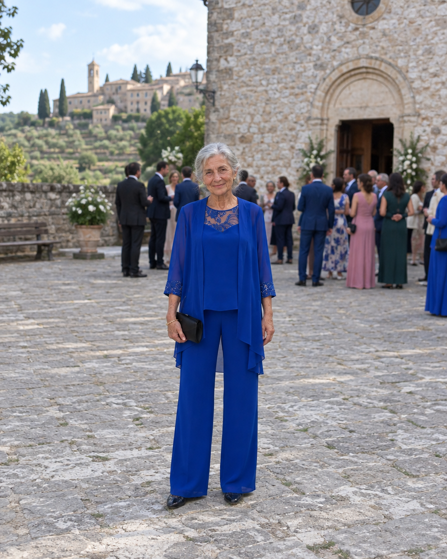 Iva | Completo Elegante in Tre Pezzi con Decorazioni, colore Blu, vista frontale