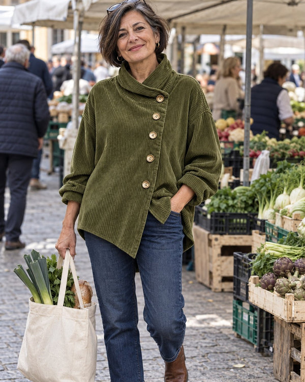 Marisa top in velluto a coste verde oliva, look da mercato