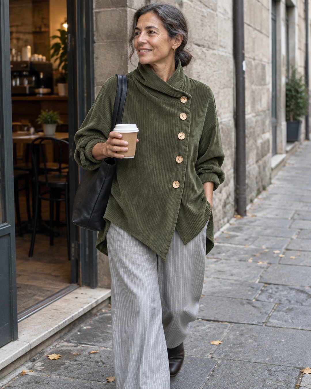 Marisa top in velluto a coste verde oliva con abbottonatura diagonale, look da caffè
