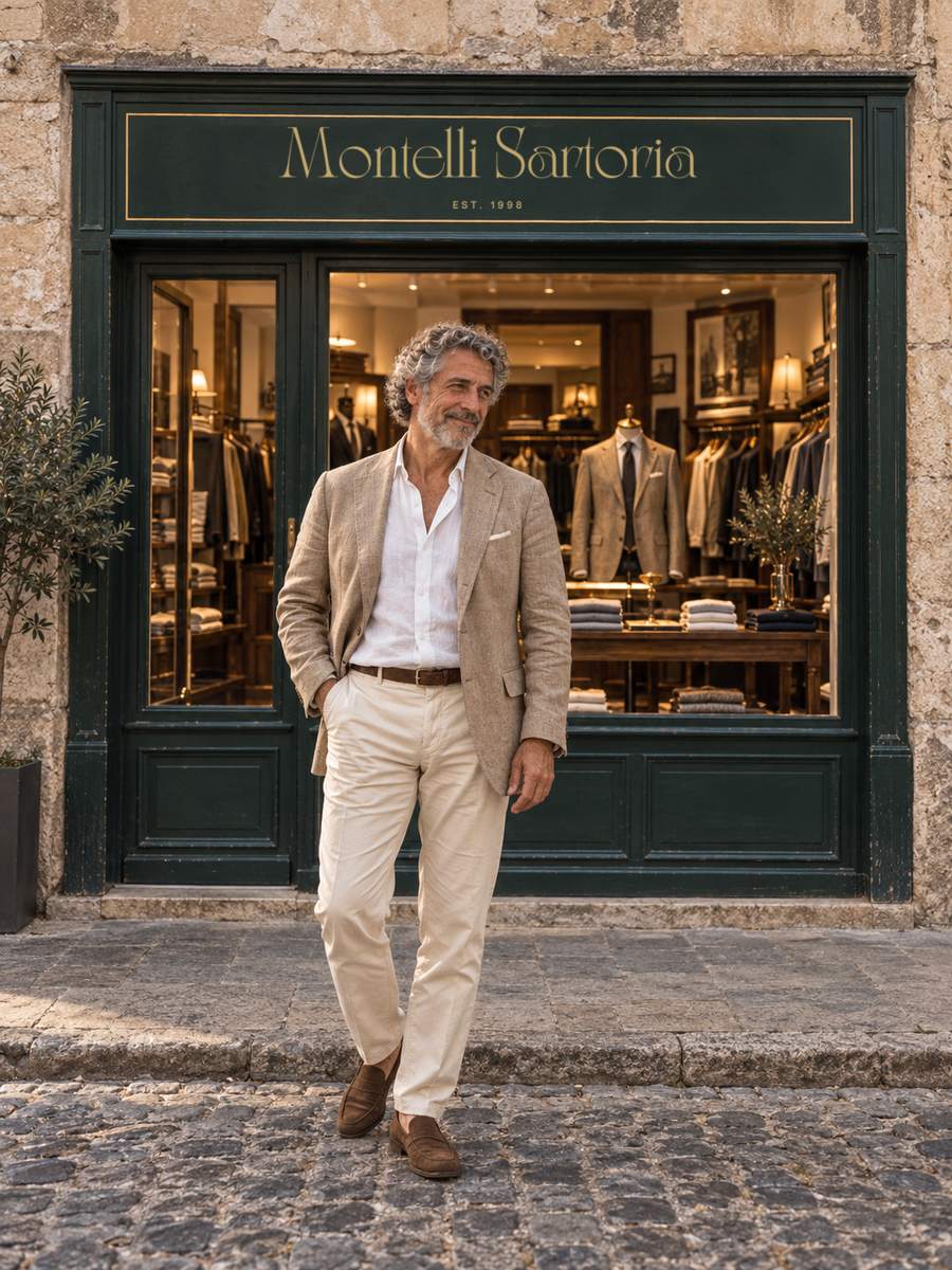 Uomo Montelli Sartoria in camicia di lino sulla costiera italiana