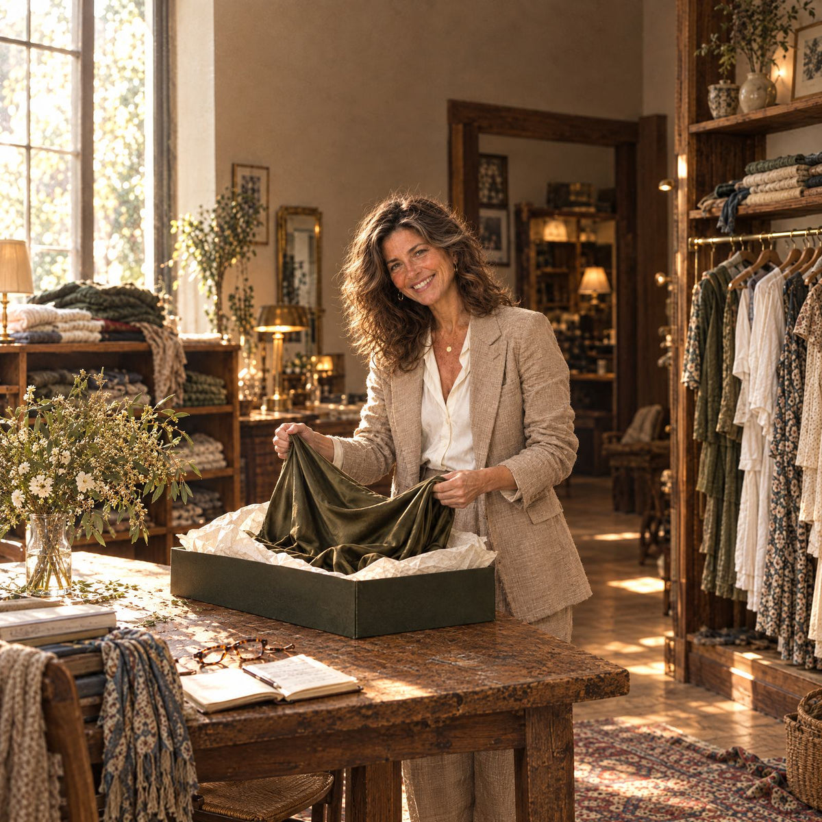 Elena Montelli nella boutique con un abito in seta verde oliva