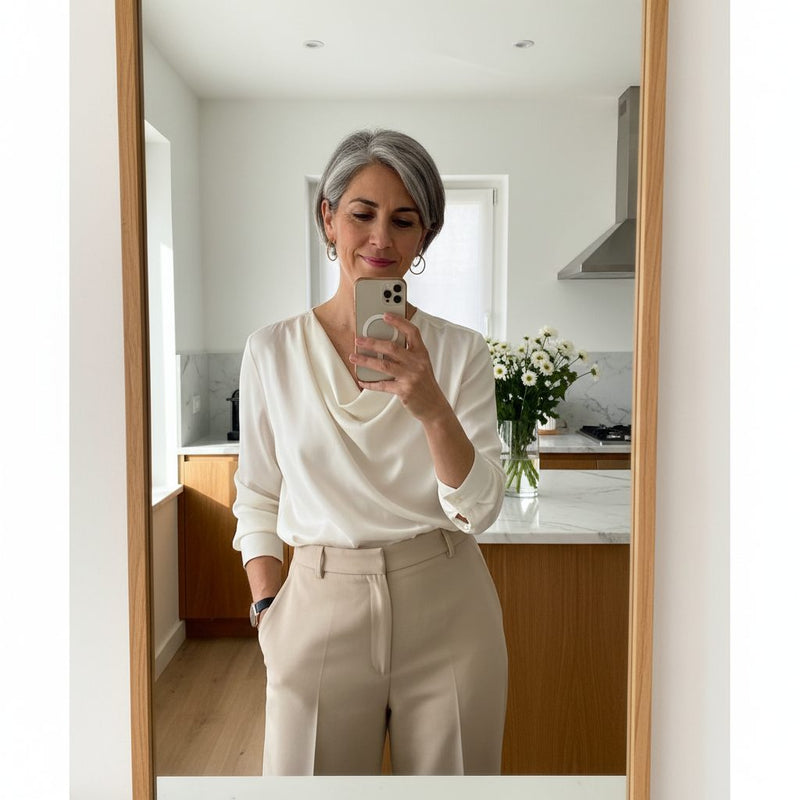 Cliente con blusa di seta avorio e pantaloni beige