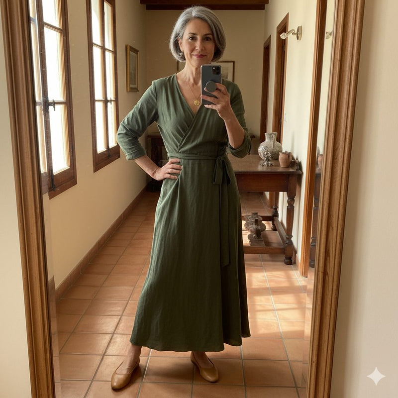 Cliente con abito a portafoglio verde oliva