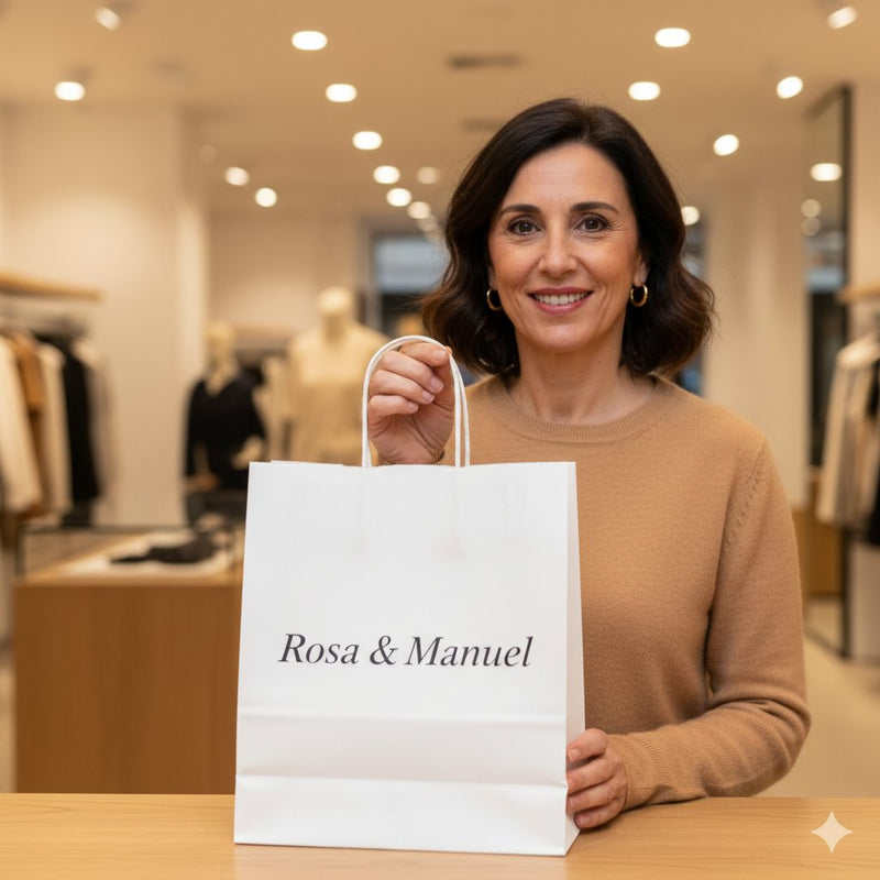 Cliente mostra la borsa Rosa & Manuel in negozio