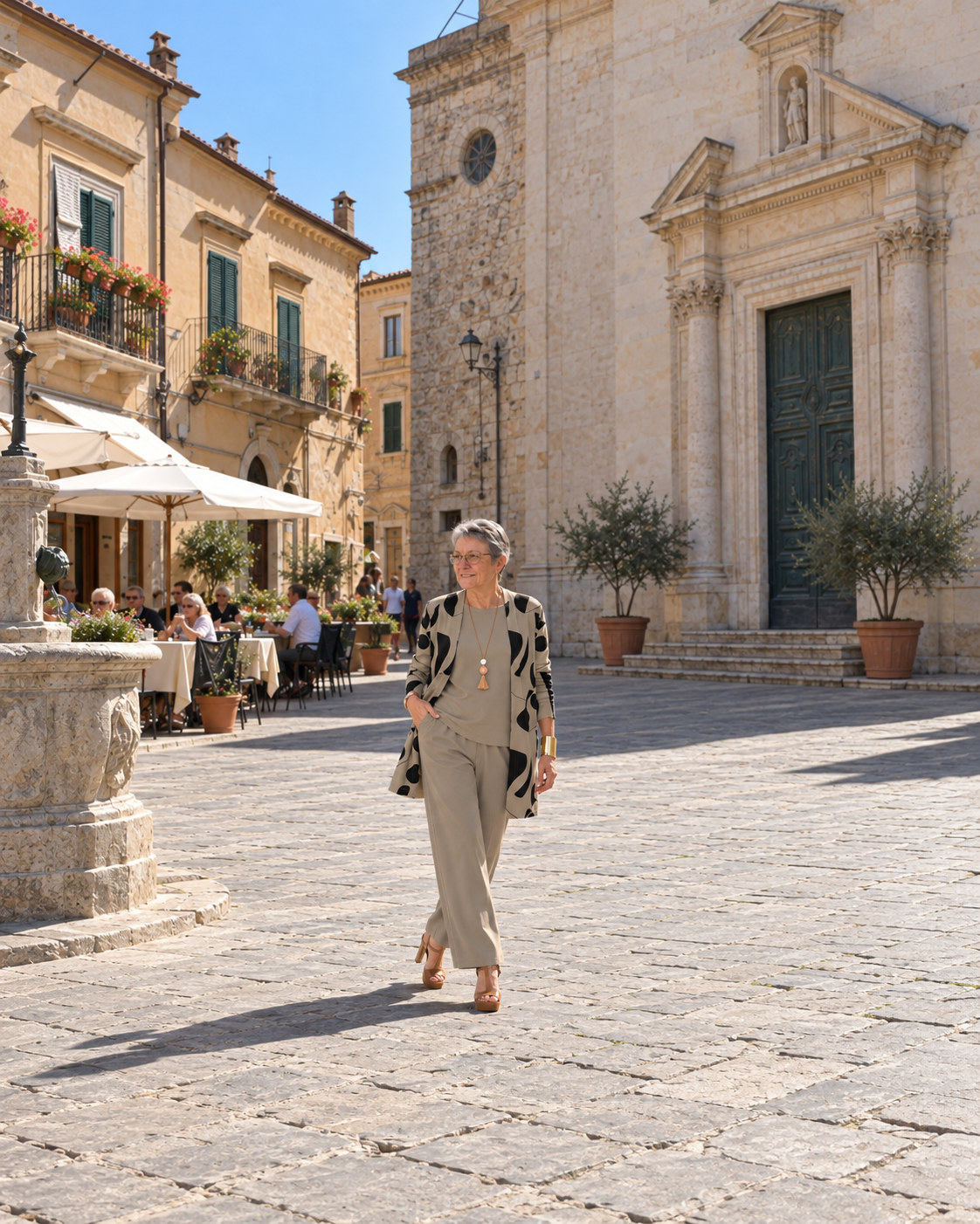 Donna italiana in passeggiata davanti a una chiesa in una piazza, completo tre pezzi tortora con cardigan stampato