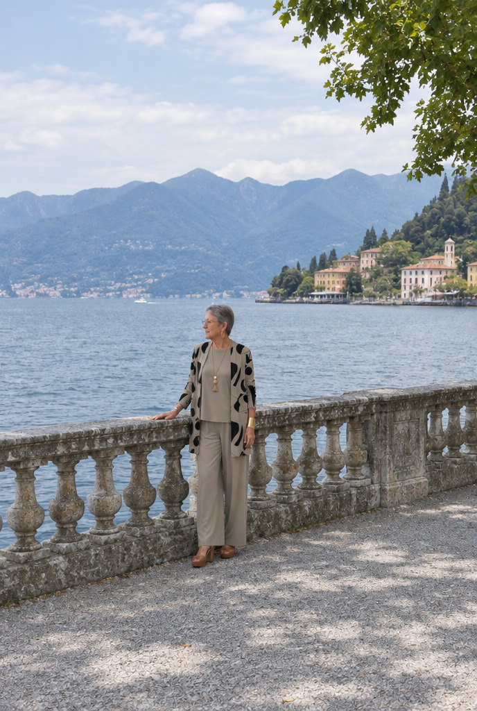 Donna italiana in sosta vicino al lago con completo tre pezzi tortora e cardigan stampato